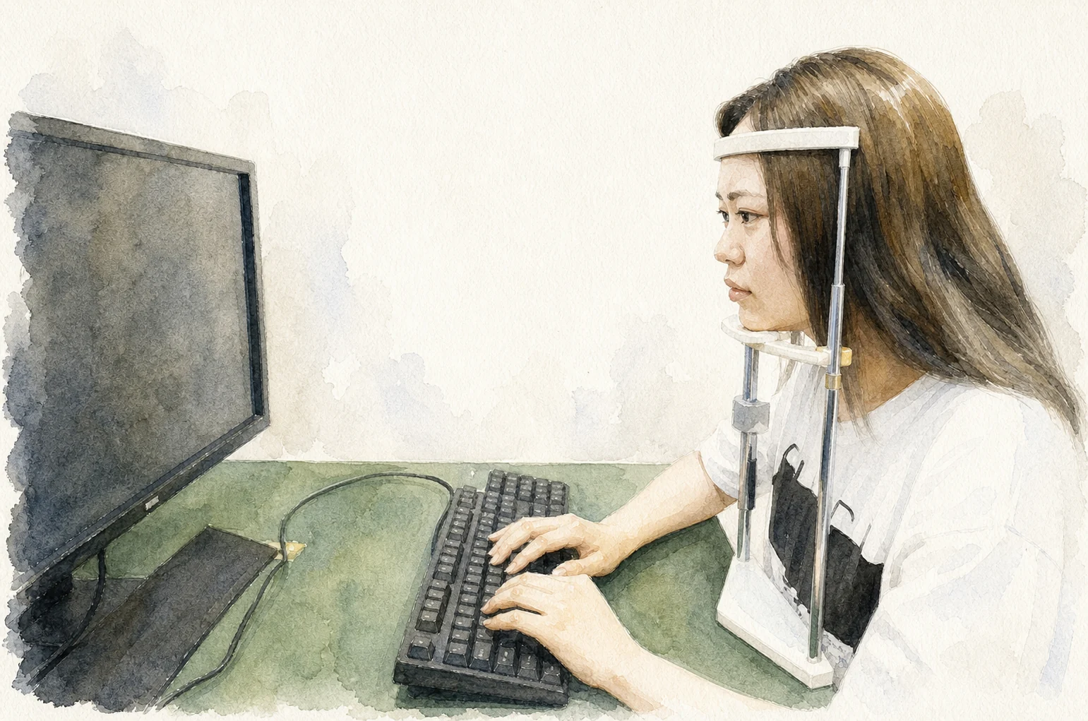A participant resting on a chin rest while performing a computer-based experimental task