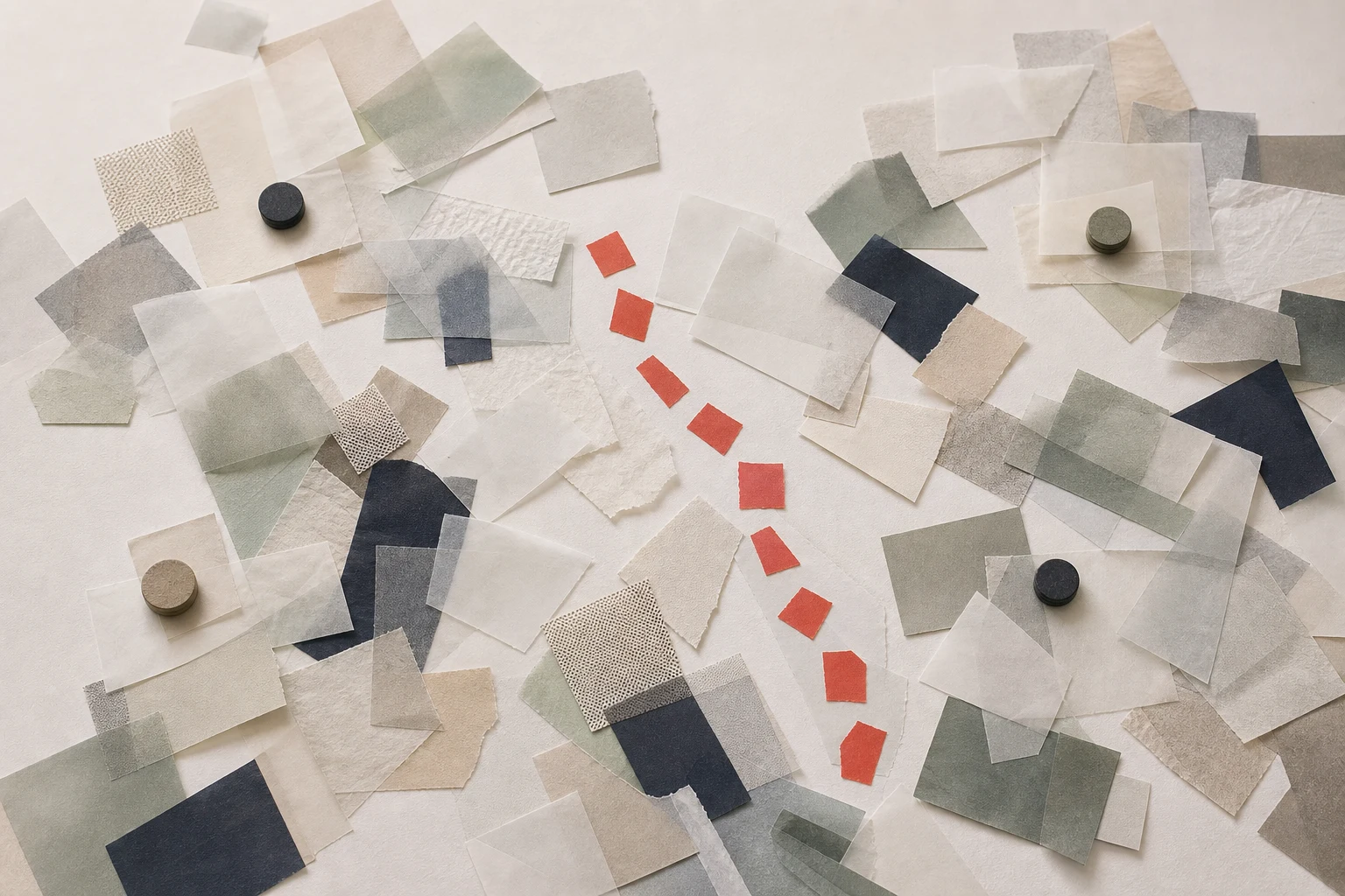 Editorial illustration of a vermilion thread of pieces being picked out from a field of paper fragments