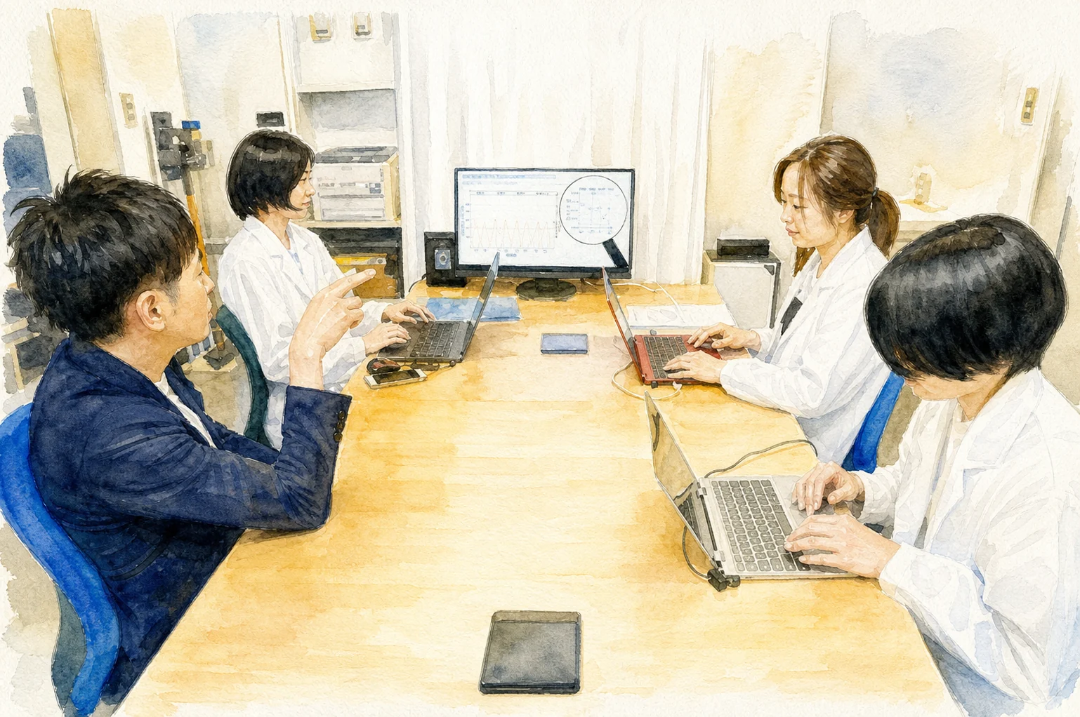 研究室のメンバーが机を囲み、研究内容を議論している様子