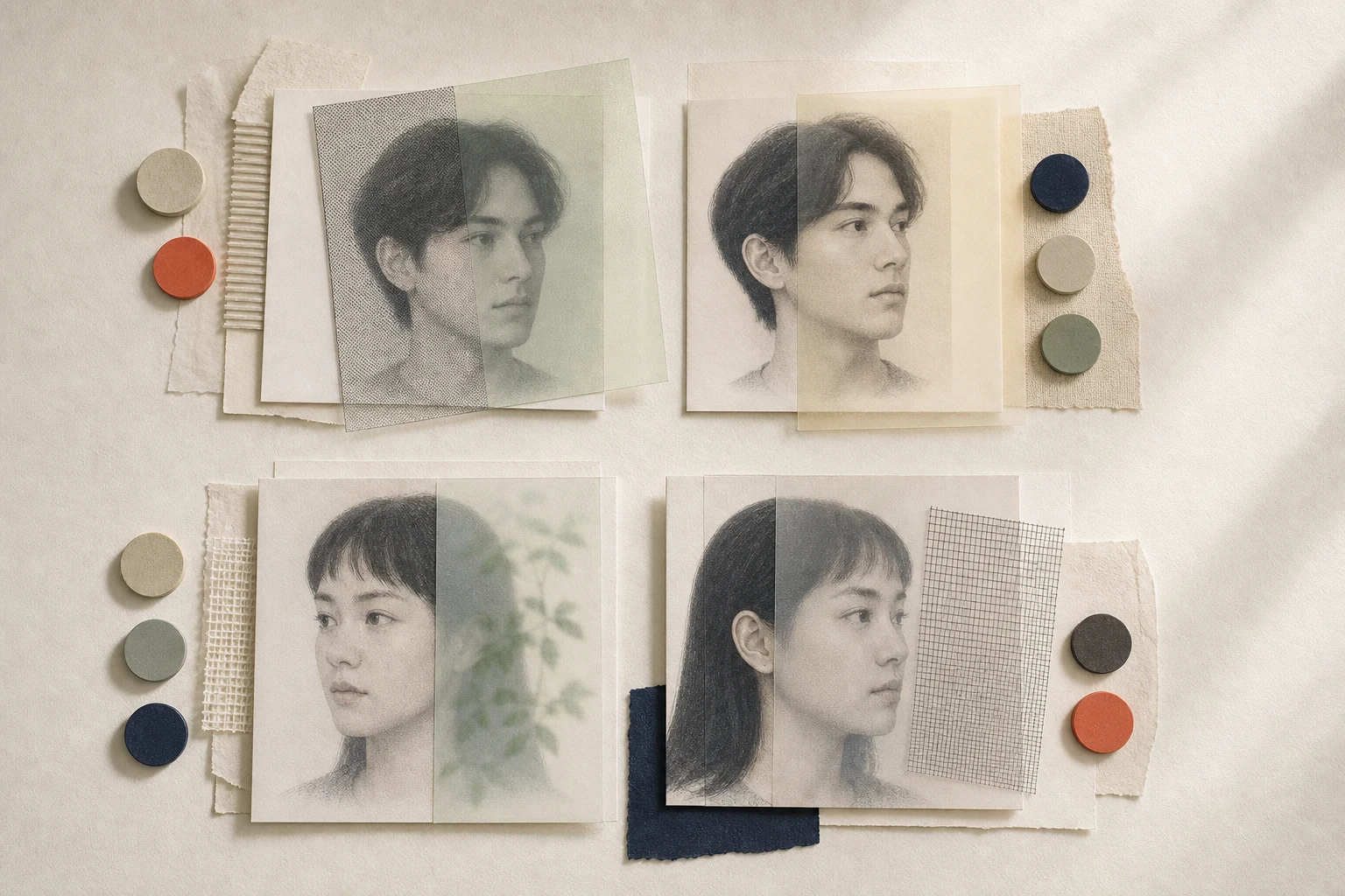 人物の顔、視線の先、周囲の情報の組み合わせを表した編集イラスト