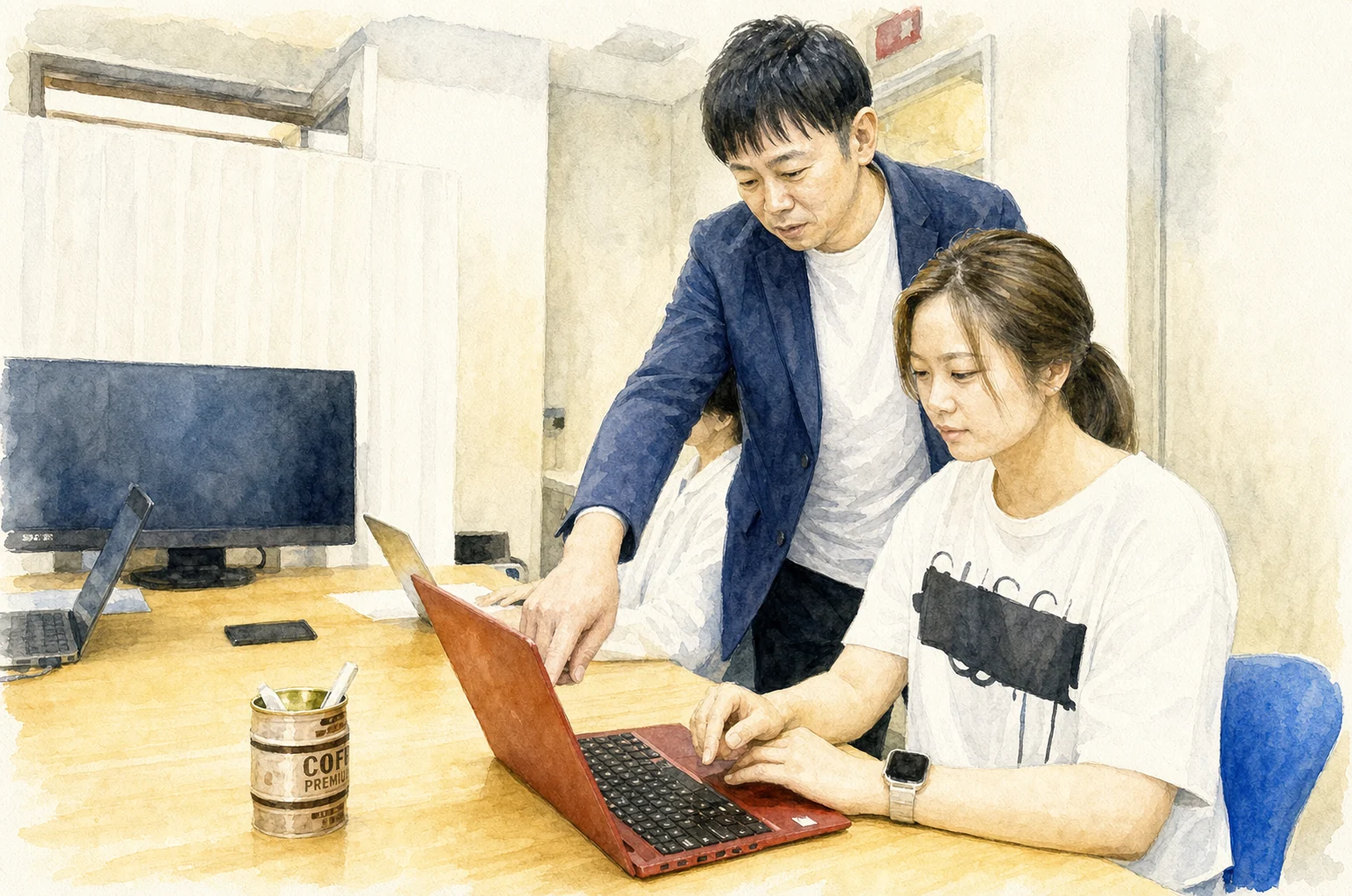 小川と学生がパソコン画面を見ながら研究について話している様子