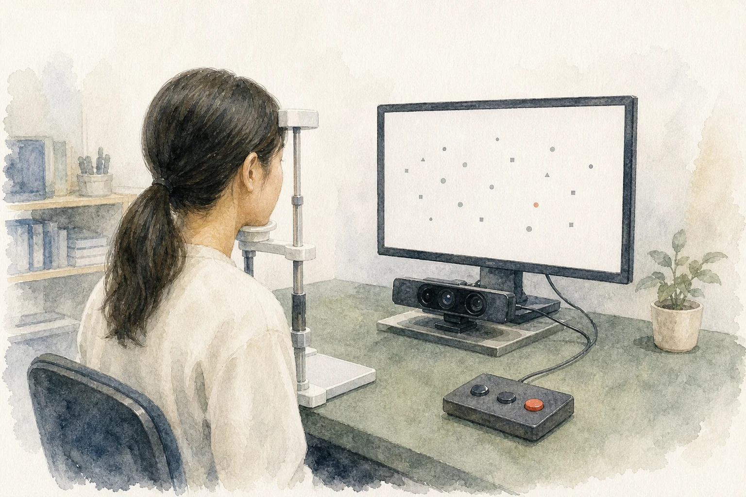 顎台と眼球運動測定装置を用いた視覚実験に取り組む様子を描いた水彩イラスト
